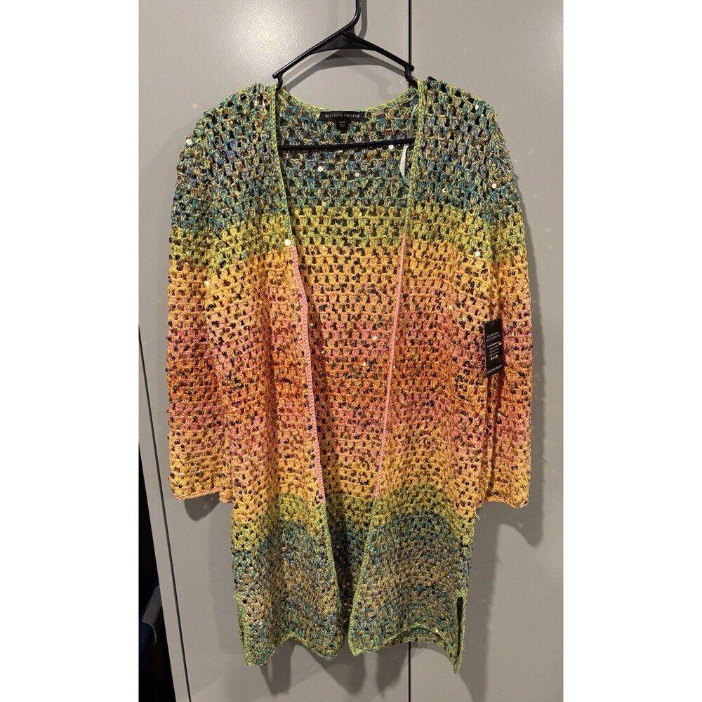 NEW Boston Proper Cardigan Cable Knit Sweater Sequins Colorful Womens Medium